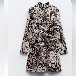 Zara Damask Sheer Ruched Paisley Mini Dress